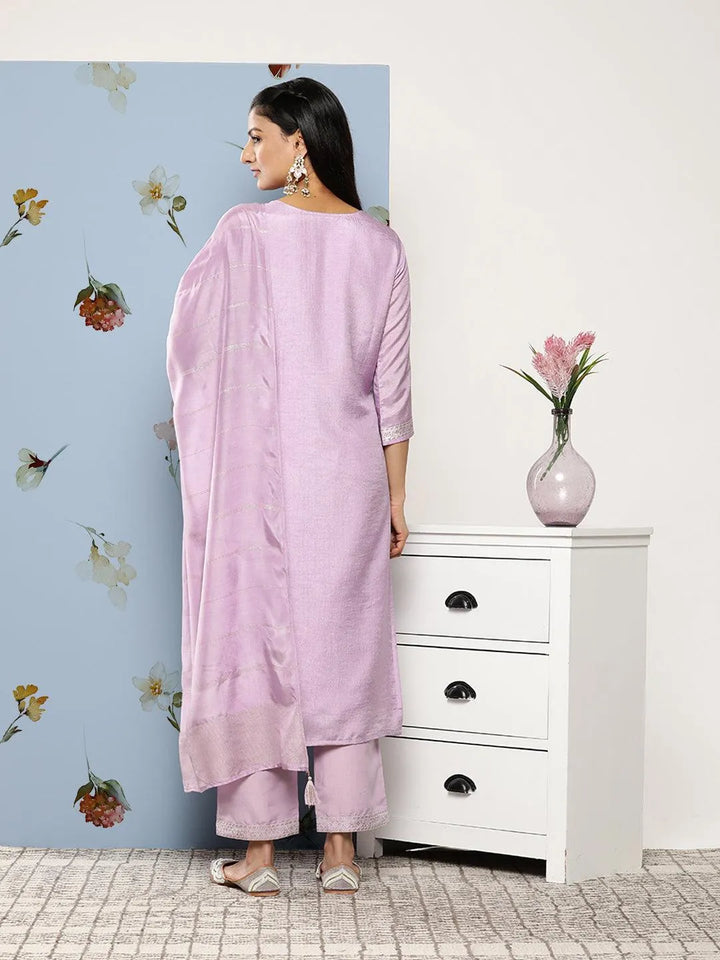 Lavender Self Design Silk Blend Suit Set With Trousers - Libas