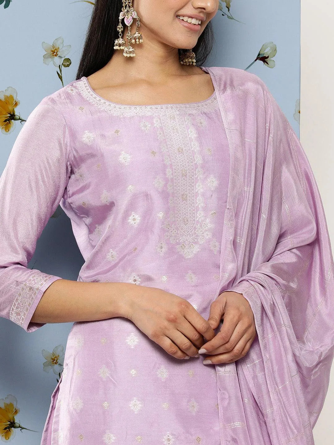 Lavender Self Design Silk Blend Suit Set With Trousers - Libas