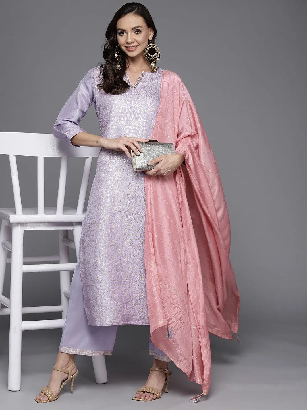 Lavender Woven Design Silk Blend Straight Suit Set - Libas 