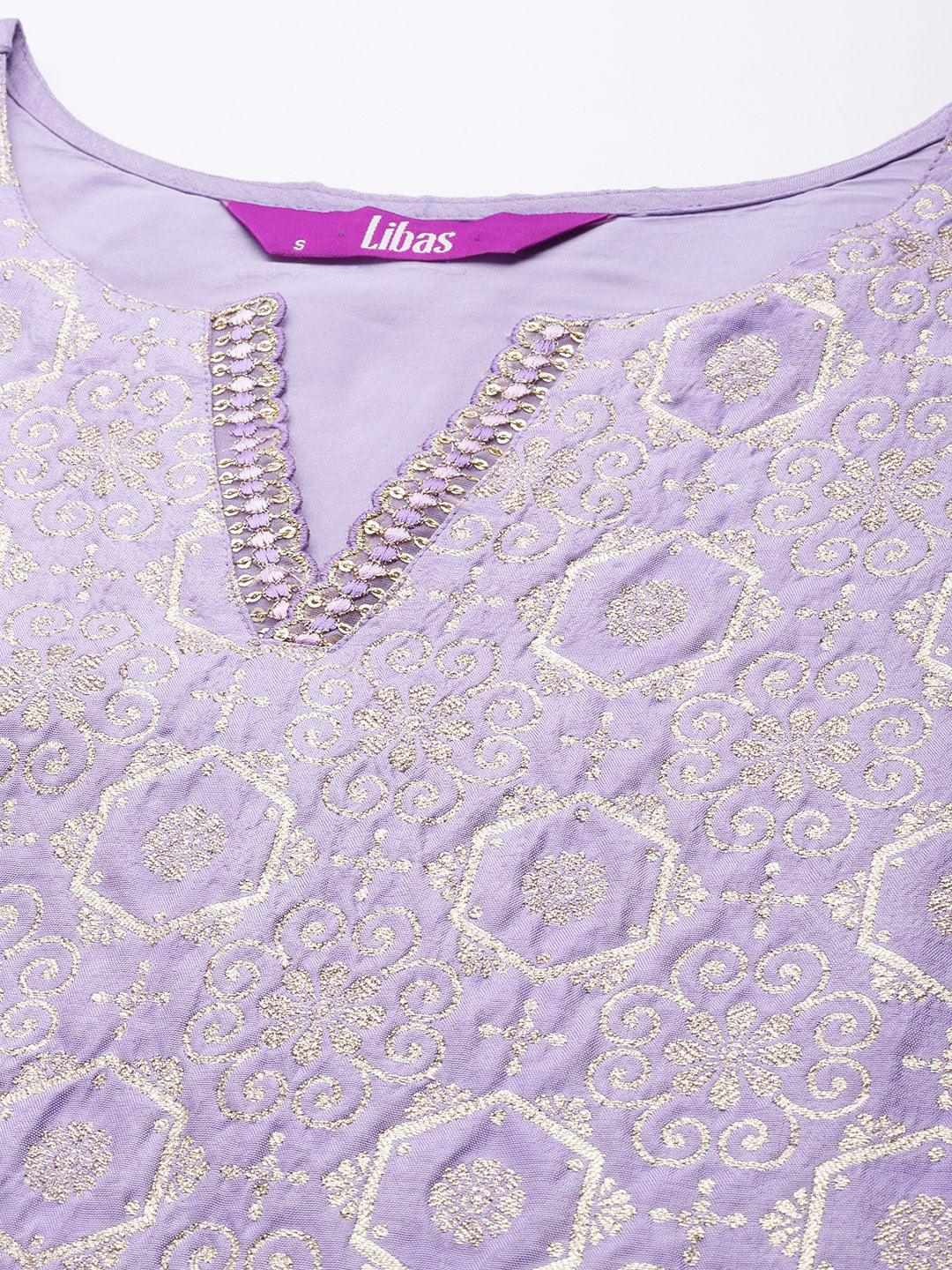 Lavender Woven Design Silk Blend Straight Kurta With Palazzos & Dupatta