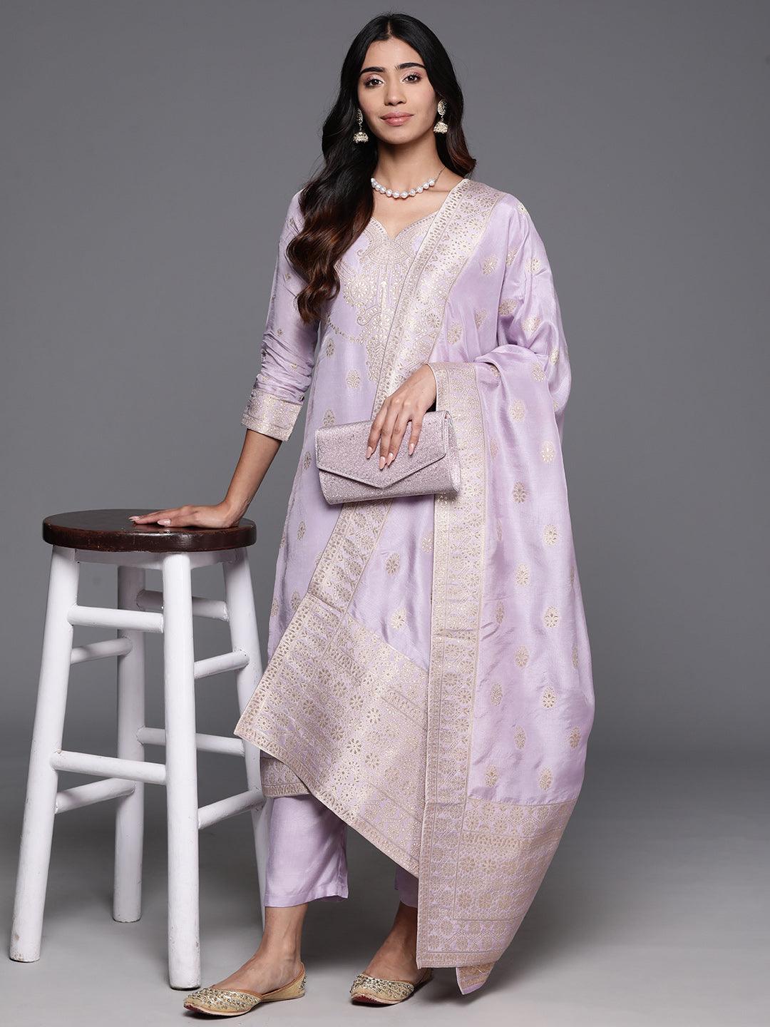 Lavender Woven Design Silk Blend Straight Kurta With Trousers & Dupatta - Libas