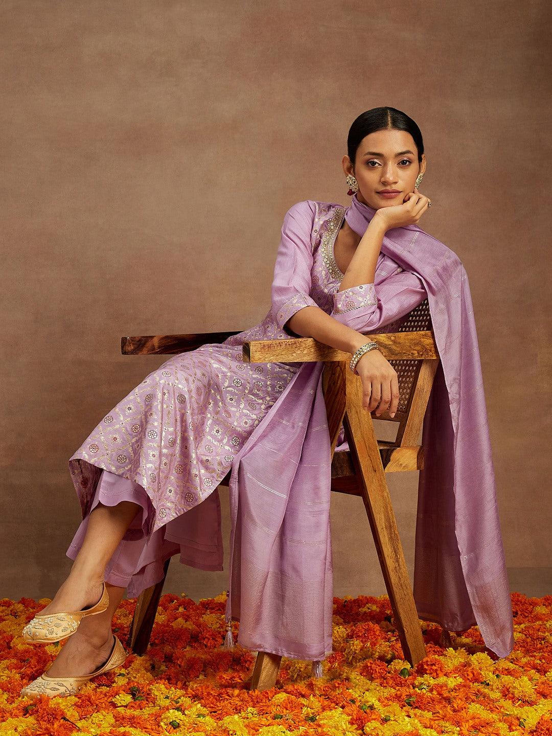 Lavender Woven Design Silk Blend Straight Kurta With Trousers & Dupatta - Libas