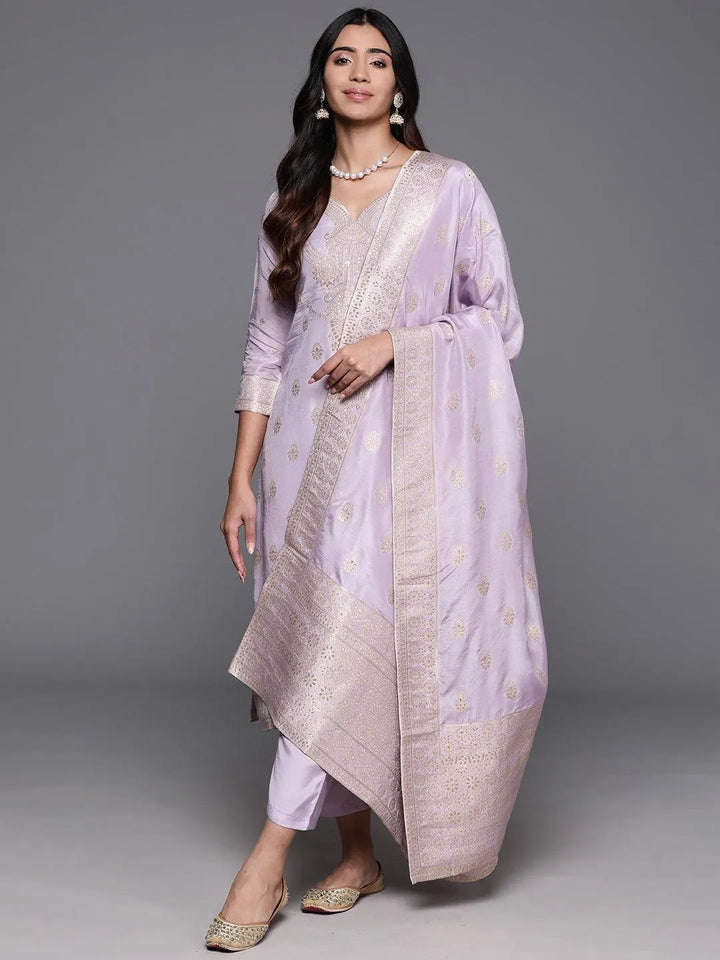 Lavender Woven Design Silk Blend Straight Kurta With Trousers & Dupatta - Libas