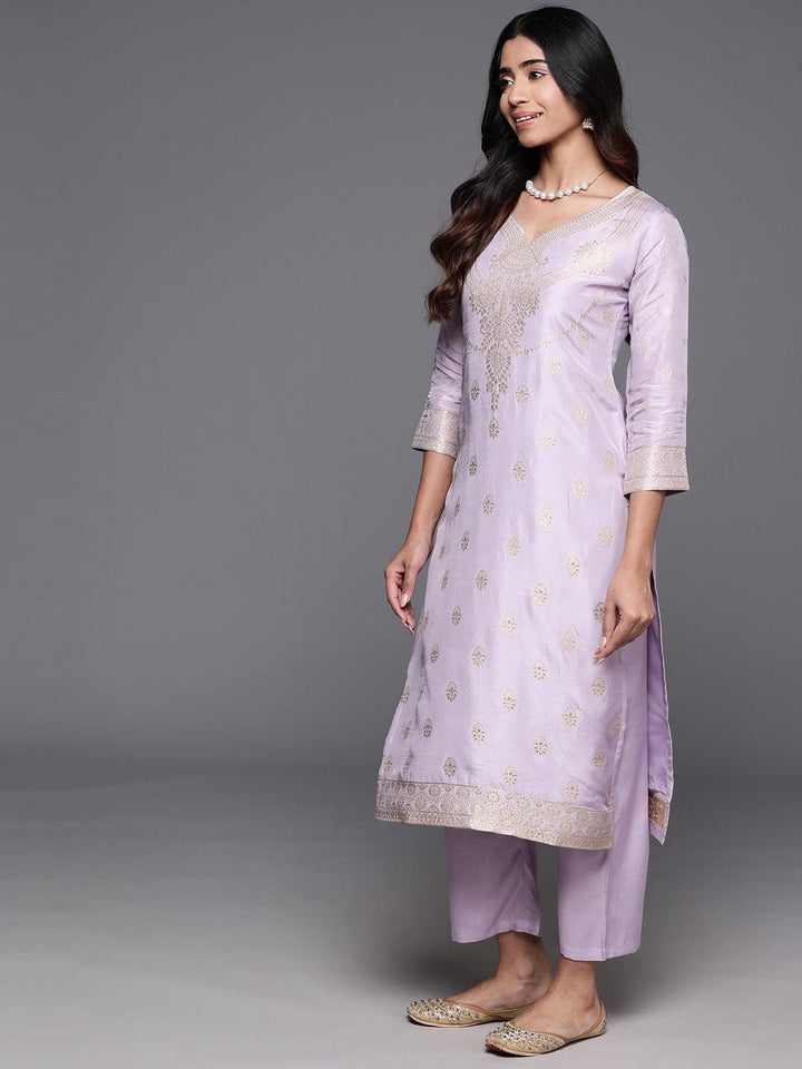 Lavender Woven Design Silk Blend Straight Kurta With Trousers & Dupatta - Libas