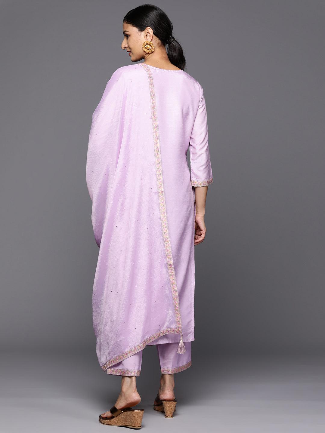 Lavender Woven Design Silk Blend Straight Kurta With Trousers & Dupatta - Libas