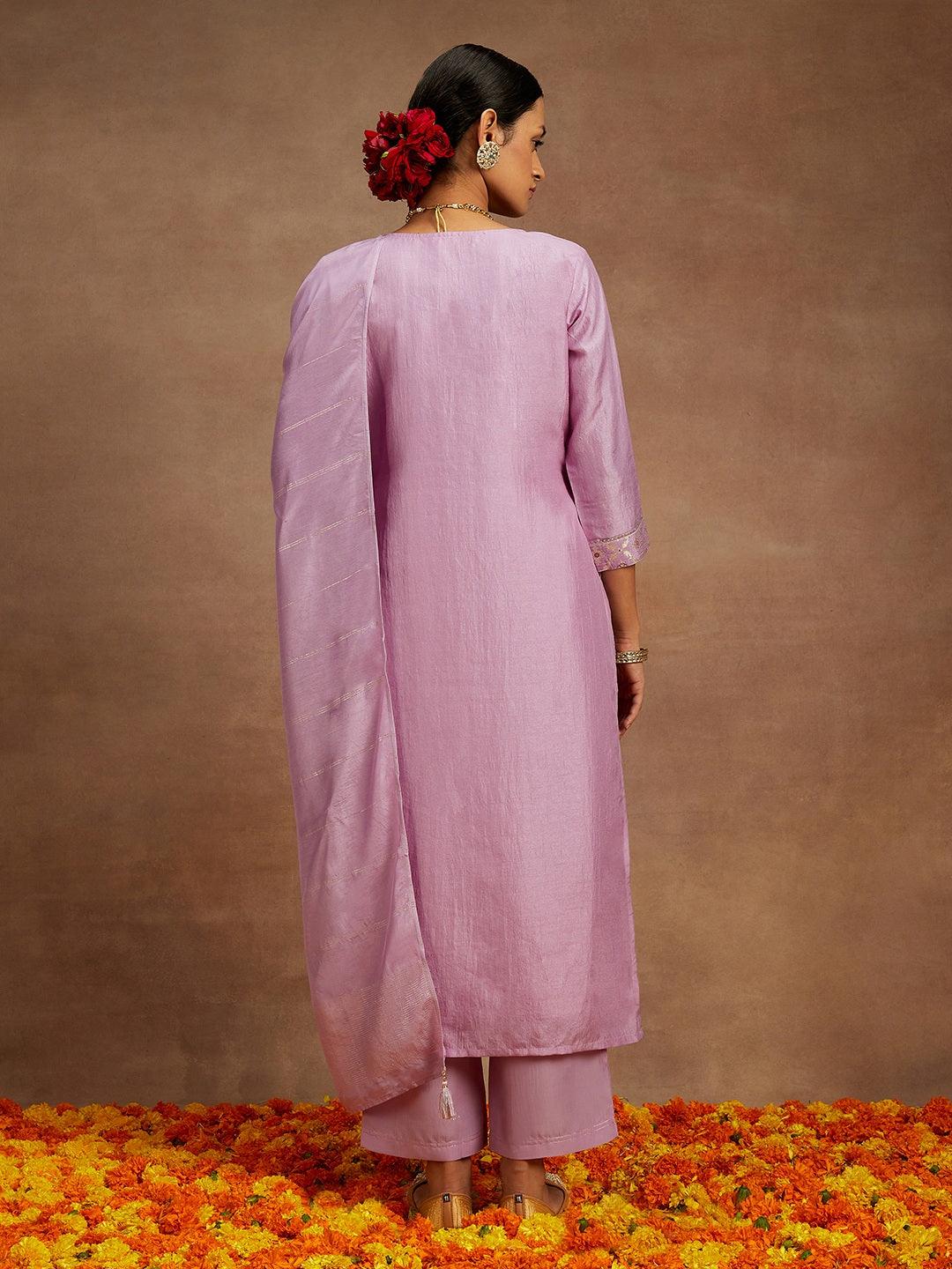 Lavender Woven Design Silk Blend Straight Kurta With Trousers & Dupatta - Libas