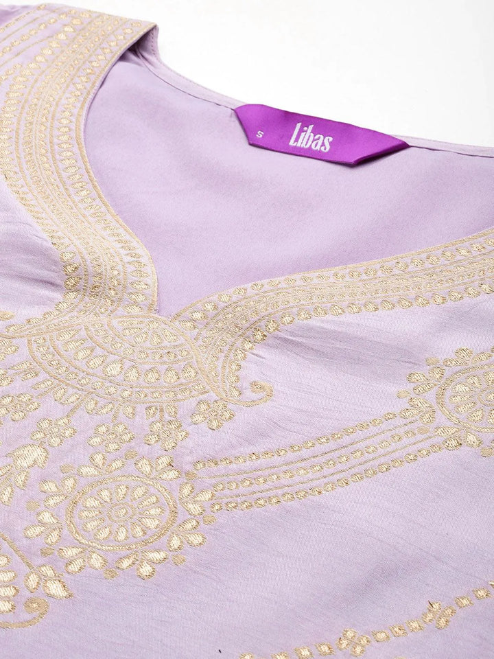 Lavender Woven Design Silk Blend Straight Kurta With Trousers & Dupatta - Libas