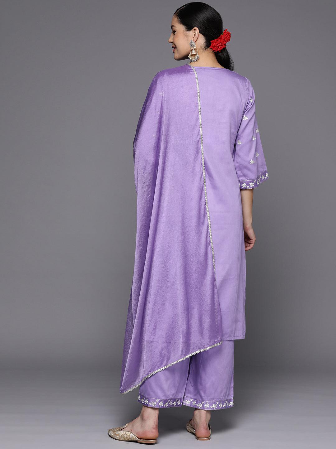 Lavender Yoke Design Silk Blend Straight Kurta With Palazzos & Dupatta