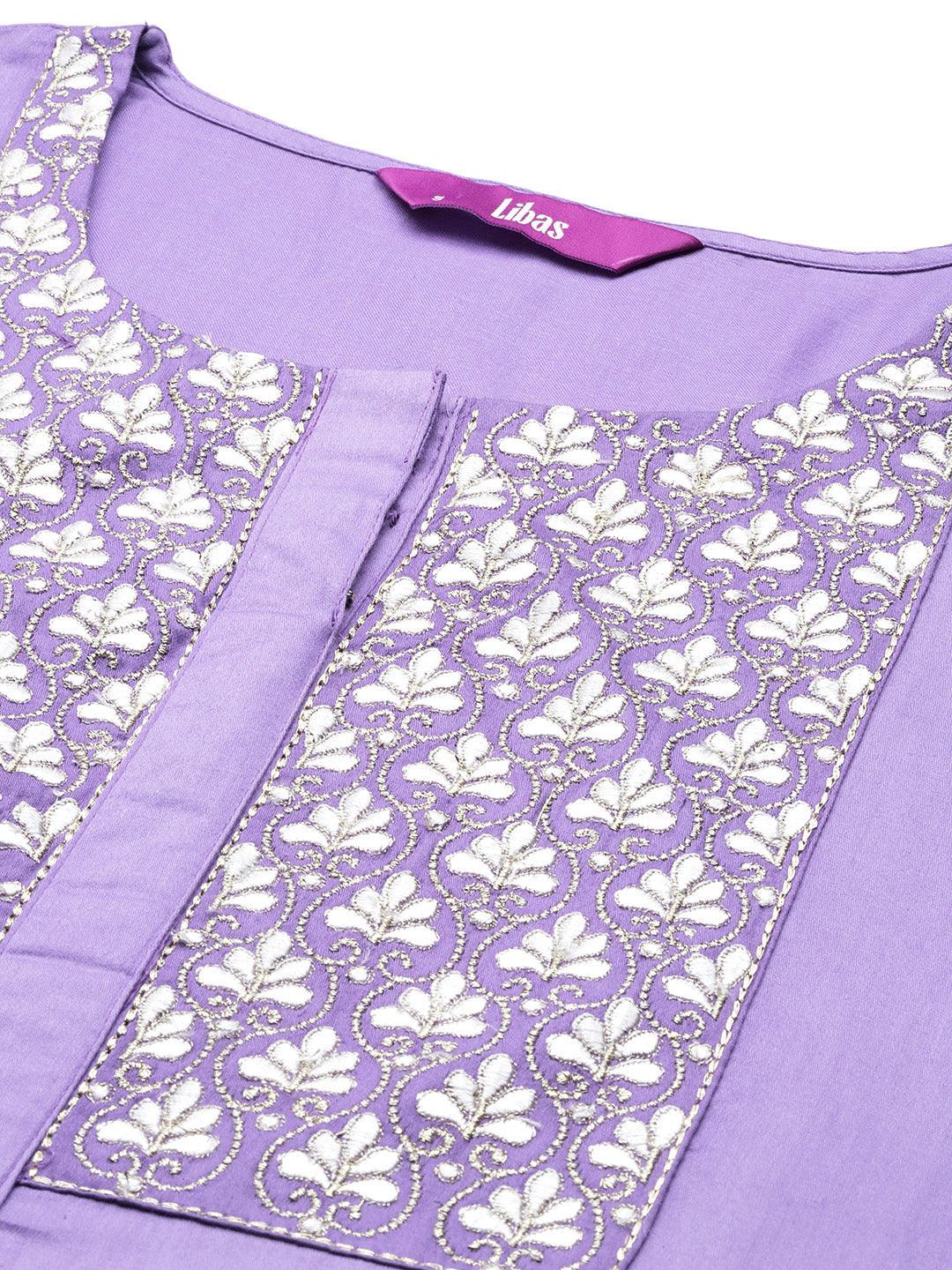 Lavender Yoke Design Silk Blend Straight Kurta With Palazzos & Dupatta