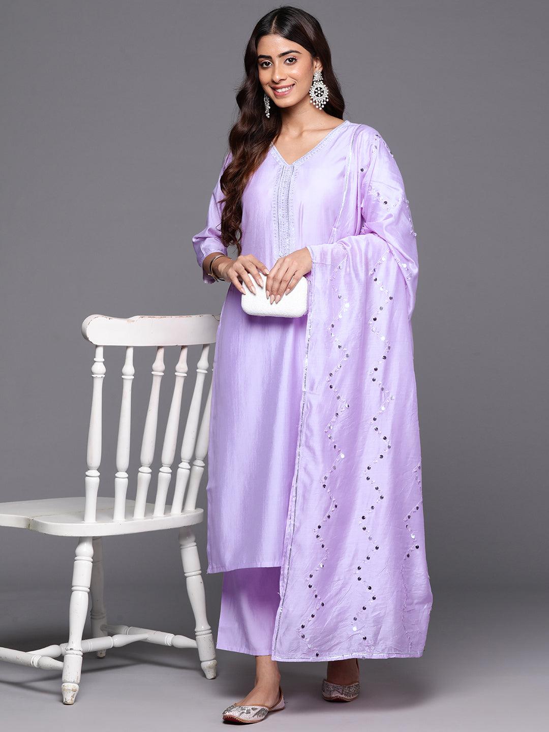 Lavender Yoke Design Silk Blend Straight Kurta With Trousers & Dupatta - Libas 