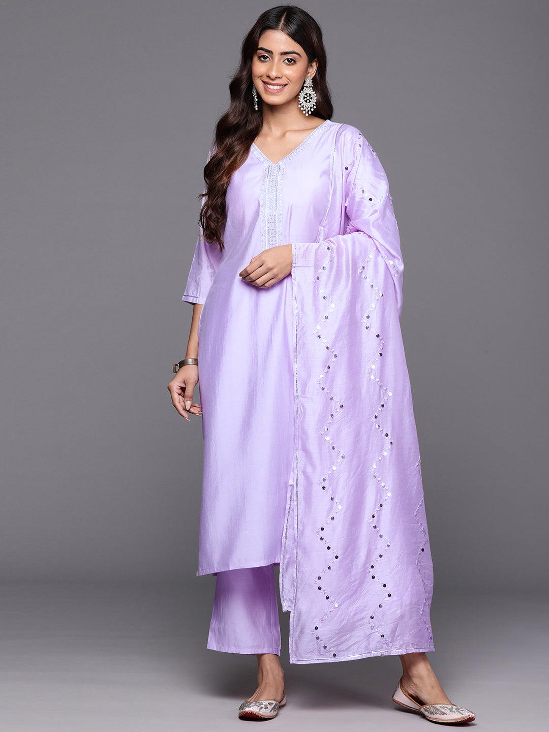 Lavender Yoke Design Silk Blend Straight Kurta With Trousers & Dupatta - Libas 