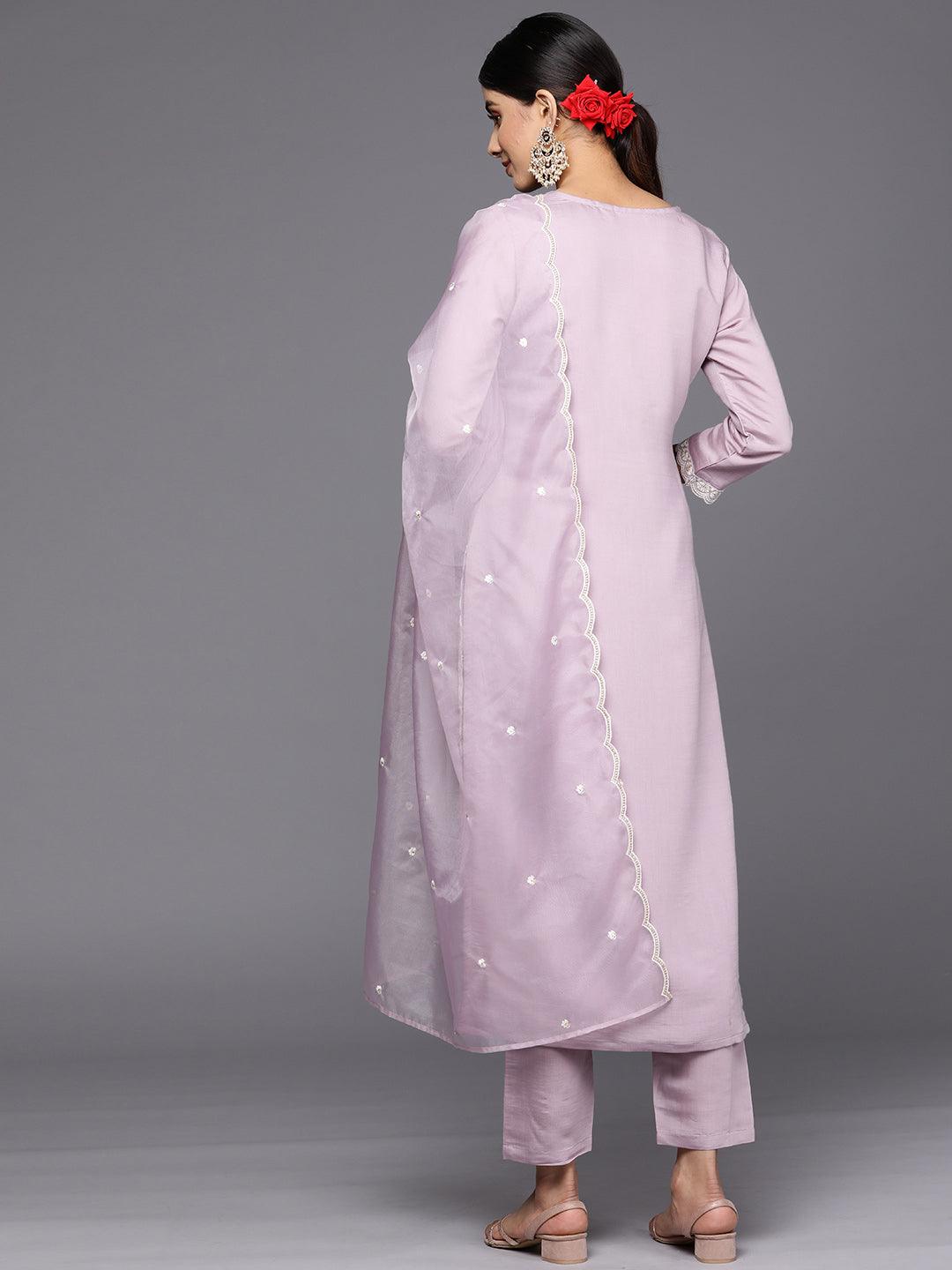 Lavender Yoke Design Silk Blend Straight Suit Set With Trousers - Libas