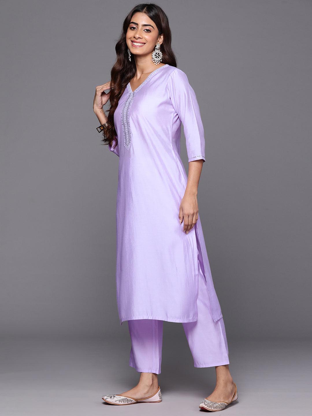 Lavender Yoke Design Silk Blend Straight Kurta With Trousers & Dupatta - Libas 