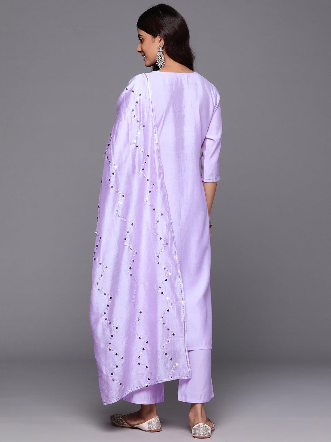 Lavender Yoke Design Silk Blend Straight Kurta With Trousers & Dupatta - Libas