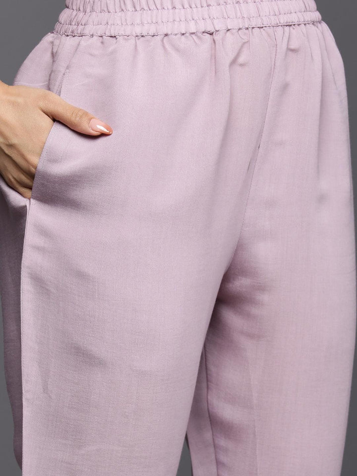 Lavender Yoke Design Silk Blend Straight Suit Set With Trousers - Libas