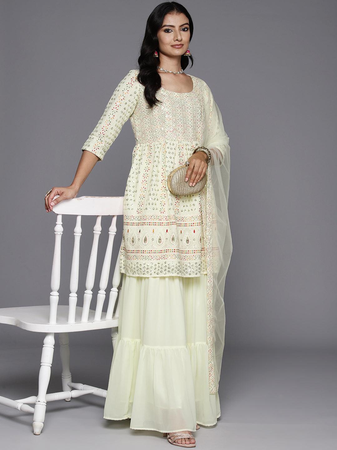 Lemon Embroidered Georgette A-Line Kurti With Sharara & Dupatta - Libas 