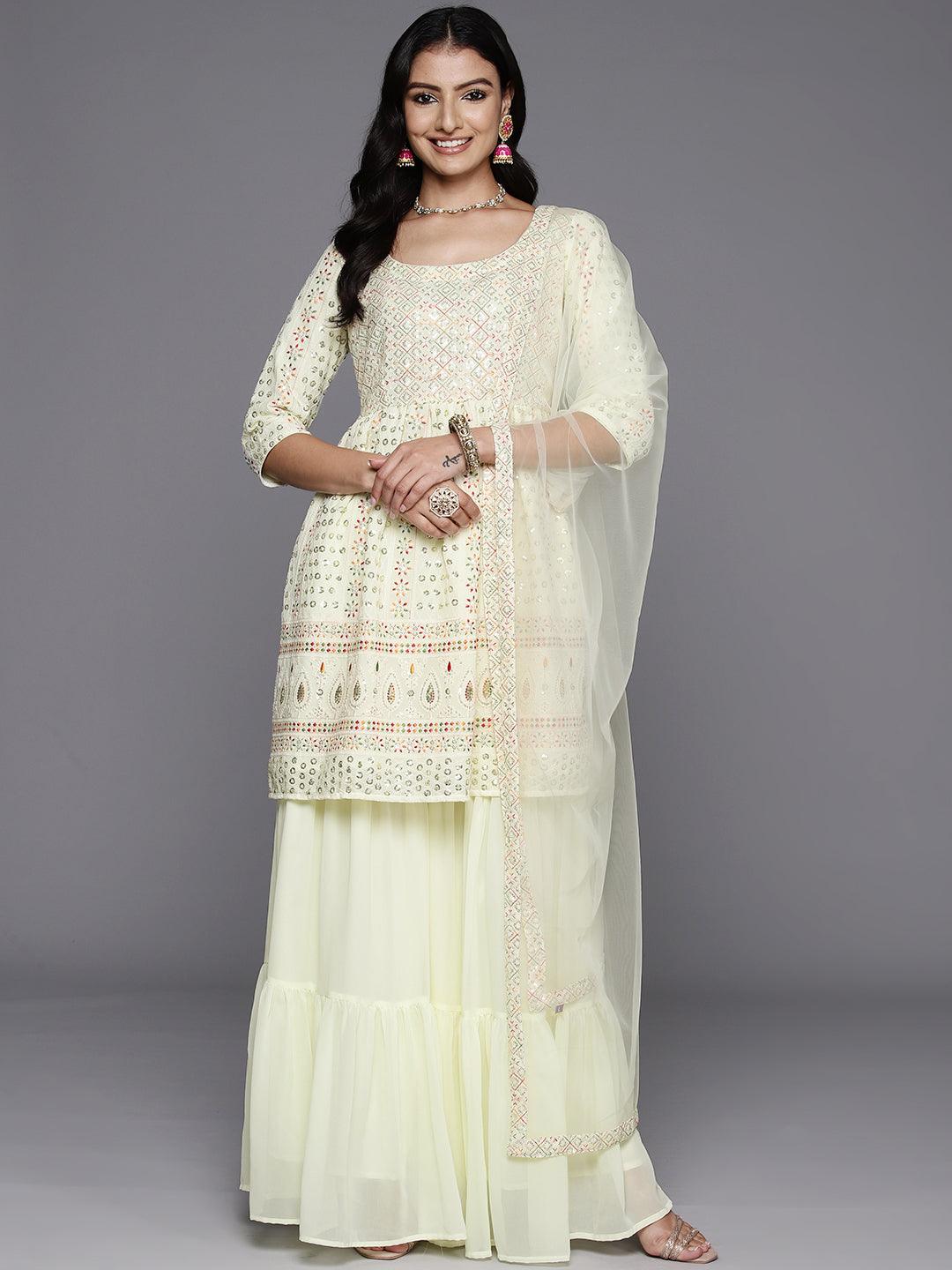 Lemon Embroidered Georgette A-Line Kurti With Sharara & Dupatta - Libas 