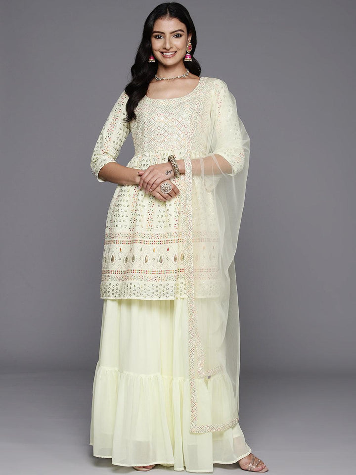 Lemon Embroidered Georgette A-Line Kurti With Sharara & Dupatta - Libas