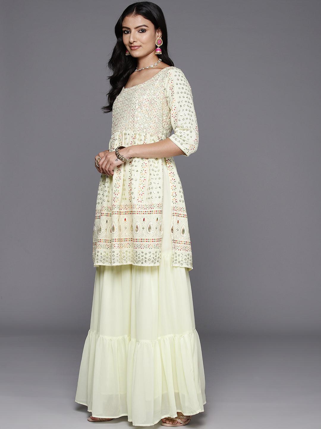 Lemon Embroidered Georgette A-Line Kurti With Sharara & Dupatta - Libas 