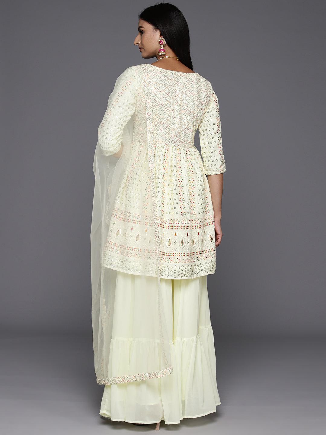 Lemon Embroidered Georgette A-Line Kurti With Sharara & Dupatta - Libas 