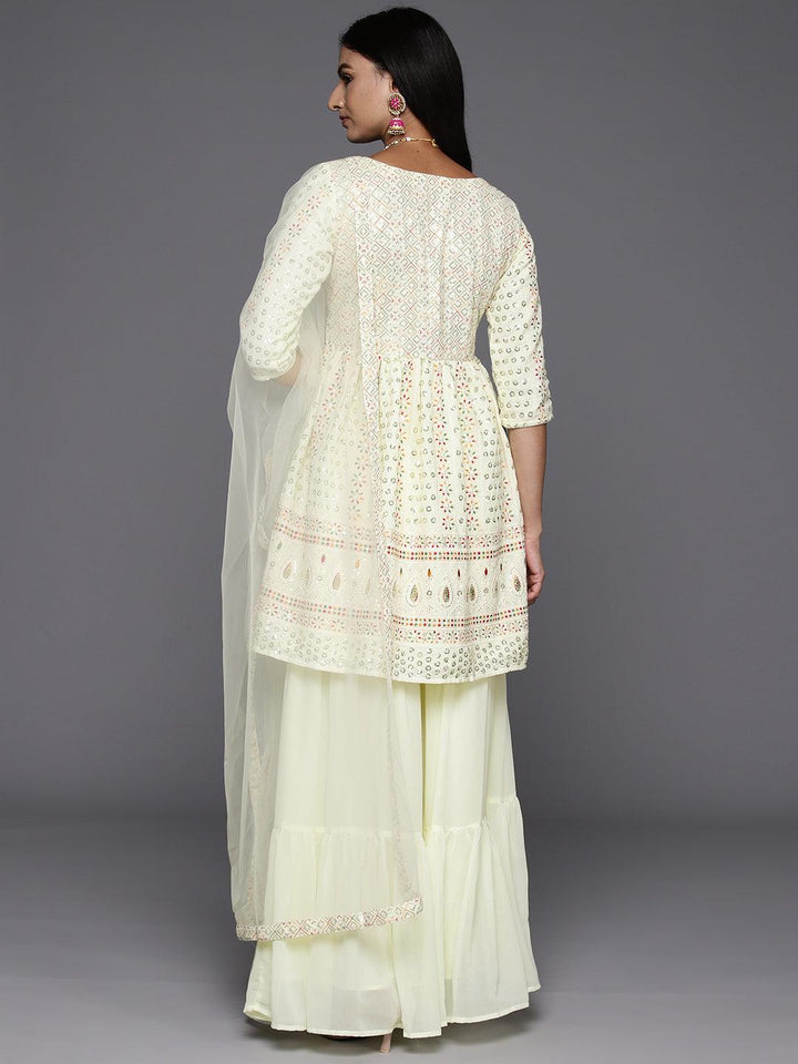 Lemon Embroidered Georgette A-Line Kurti With Sharara & Dupatta - Libas