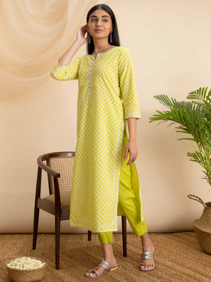 Lemon Green Printed Cotton Kurta - Libas