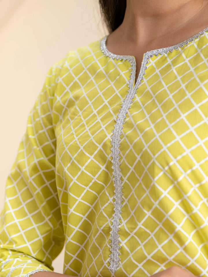 Lemon Green Printed Cotton Kurta - Libas