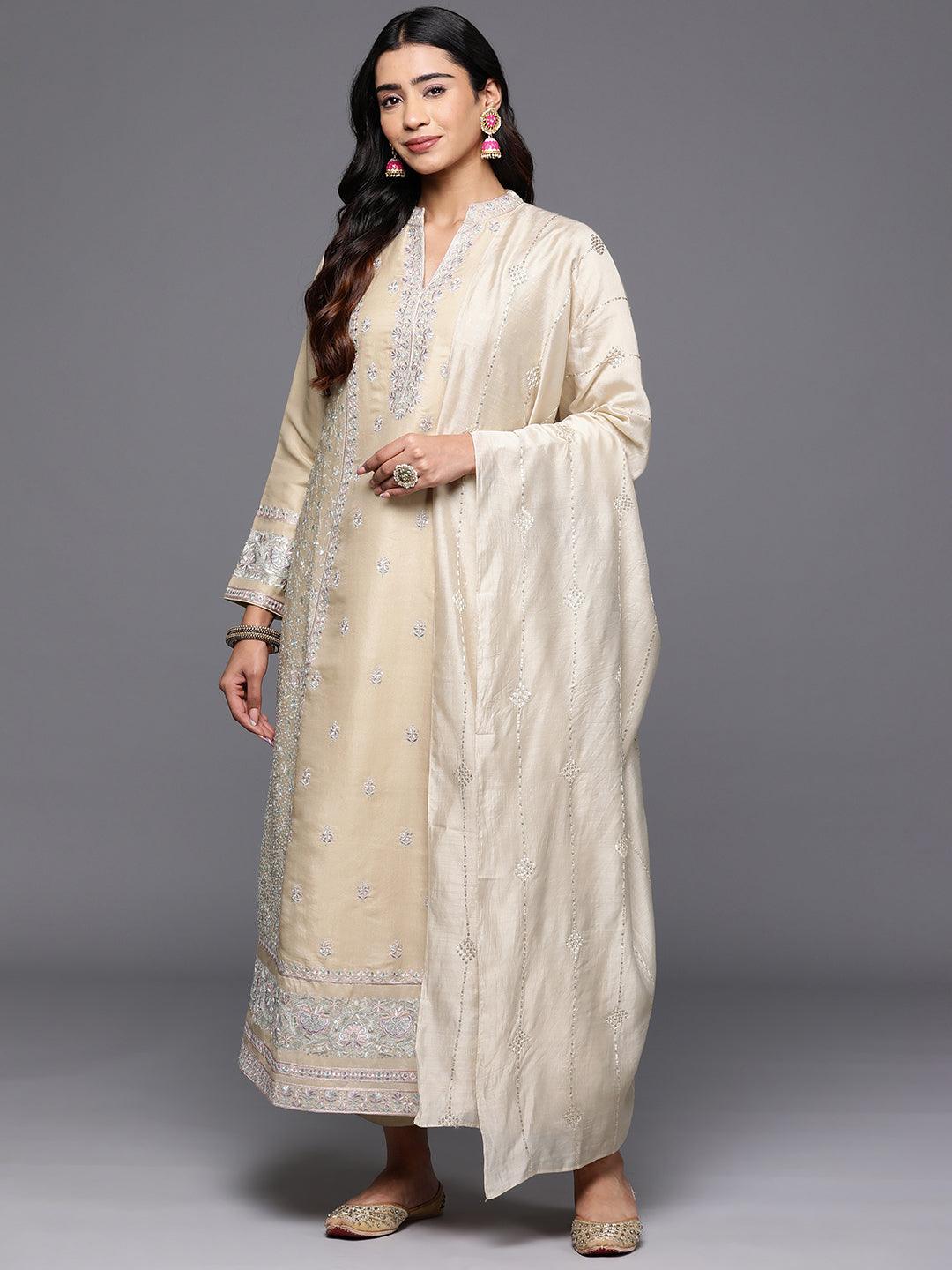 Libas Art Beige Embroidered Silk Blend A-Line Kurta With Trousers & Dupatta - Libas 