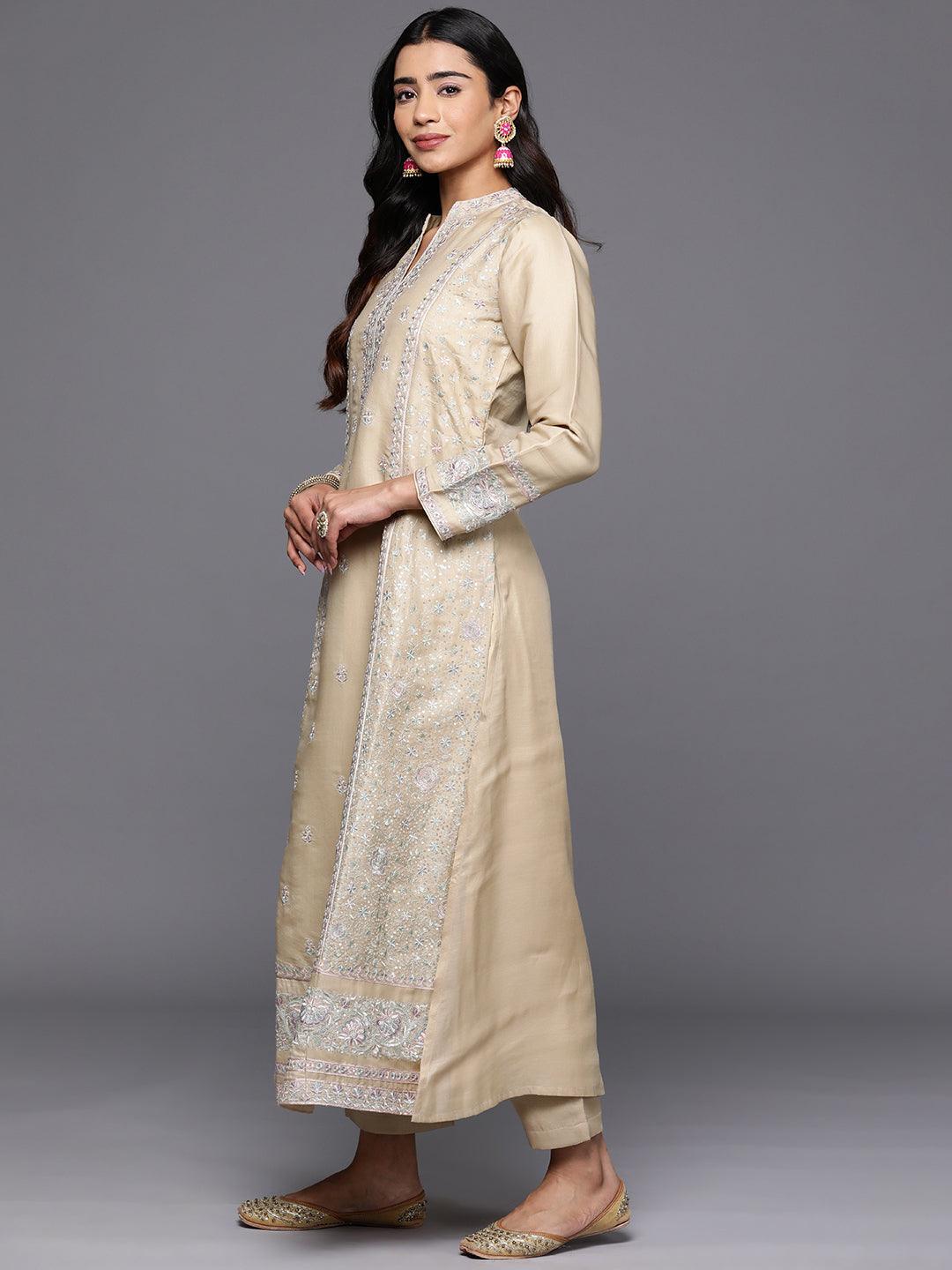 Libas Art Beige Embroidered Silk Blend A-Line Kurta With Trousers & Dupatta - Libas 