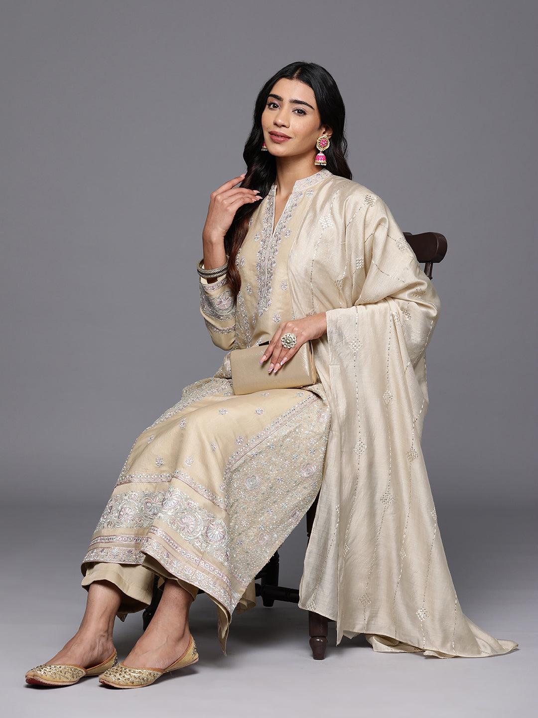 Libas Art Beige Embroidered Silk Blend A-Line Kurta With Trousers & Dupatta - Libas 