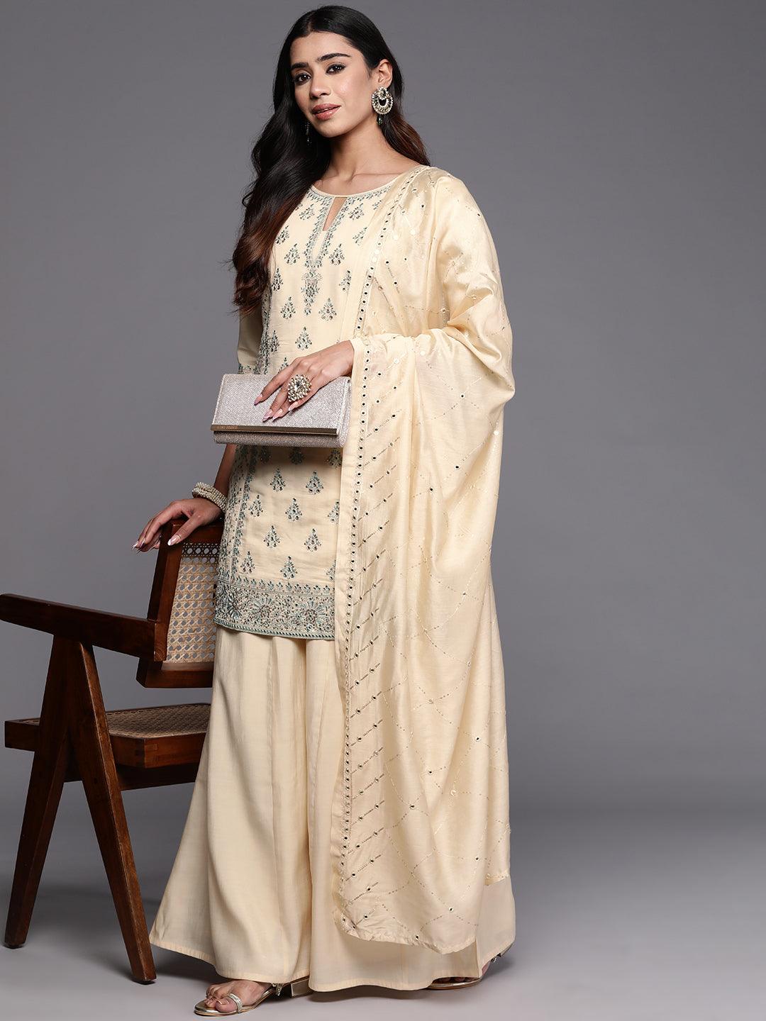 Libas Art Beige Embroidered Silk Blend Straight Kurta With Palazzos & Dupatta - Libas 