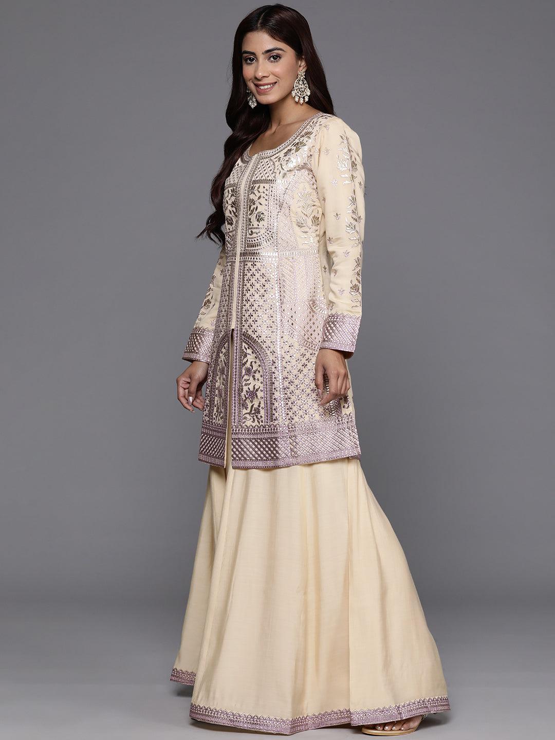 Libas Art Beige Embroidered Silk Blend Straight Kurta With Palazzos & Dupatta - Libas 