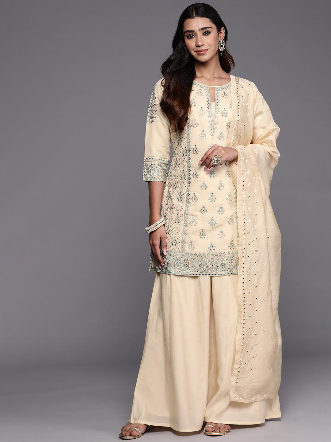 Libas Art Beige Embroidered Silk Blend Straight Kurta With Palazzos & Dupatta - Libas 