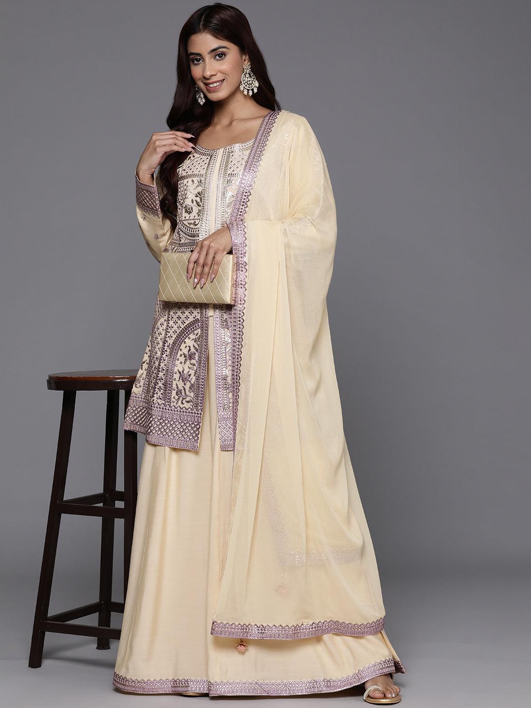 Libas Art Beige Embroidered Silk Blend Straight Kurta With Palazzos & Dupatta - Libas 