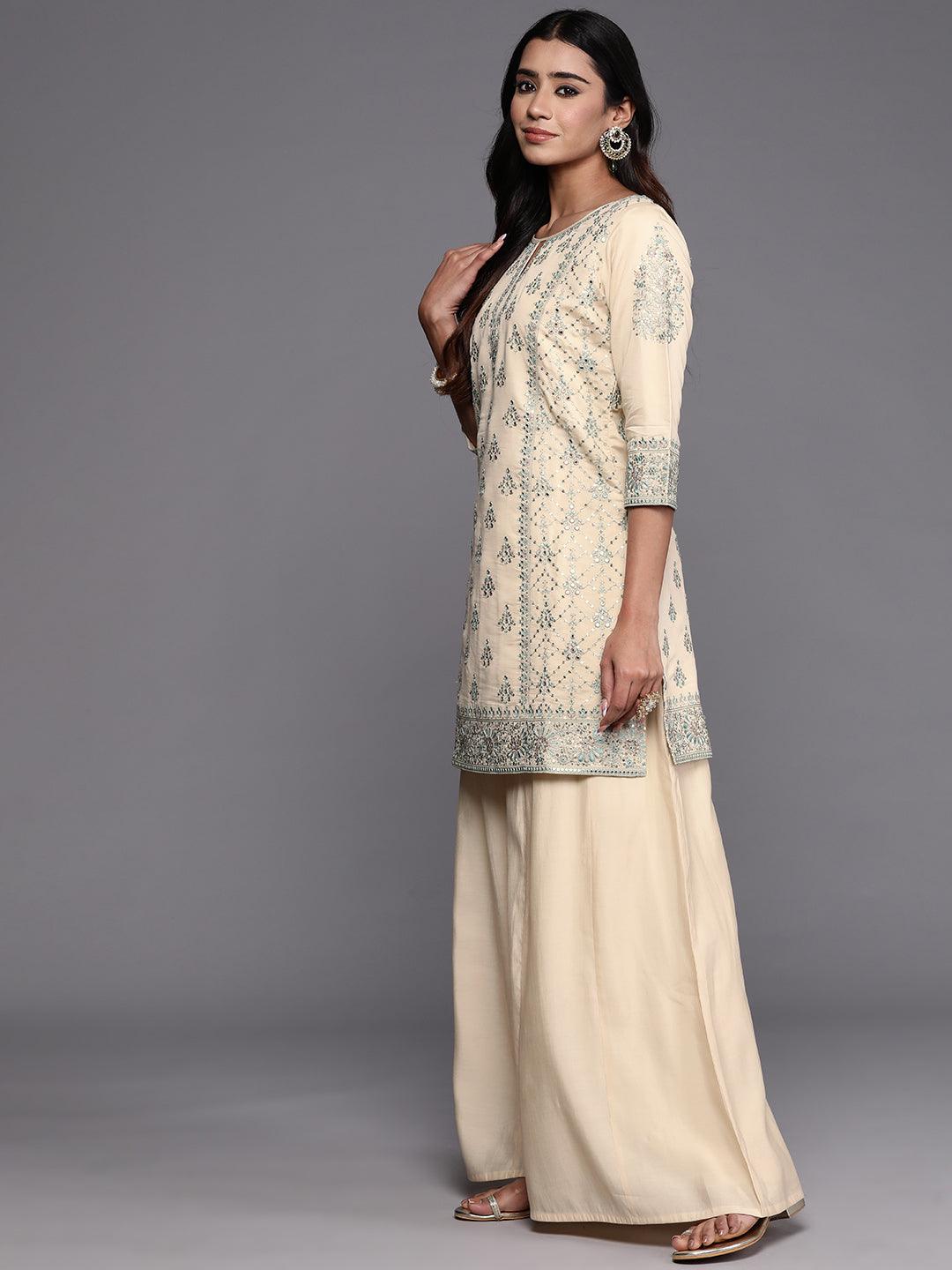 Libas Art Beige Embroidered Silk Blend Straight Kurta With Palazzos & Dupatta - Libas 