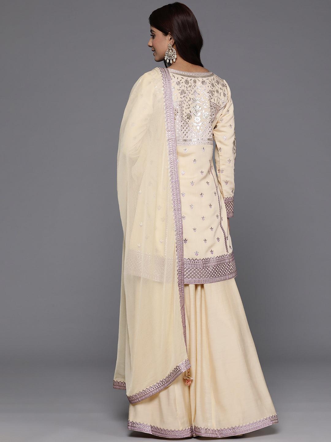 Libas Art Beige Embroidered Silk Blend Straight Kurta With Palazzos & Dupatta - Libas 