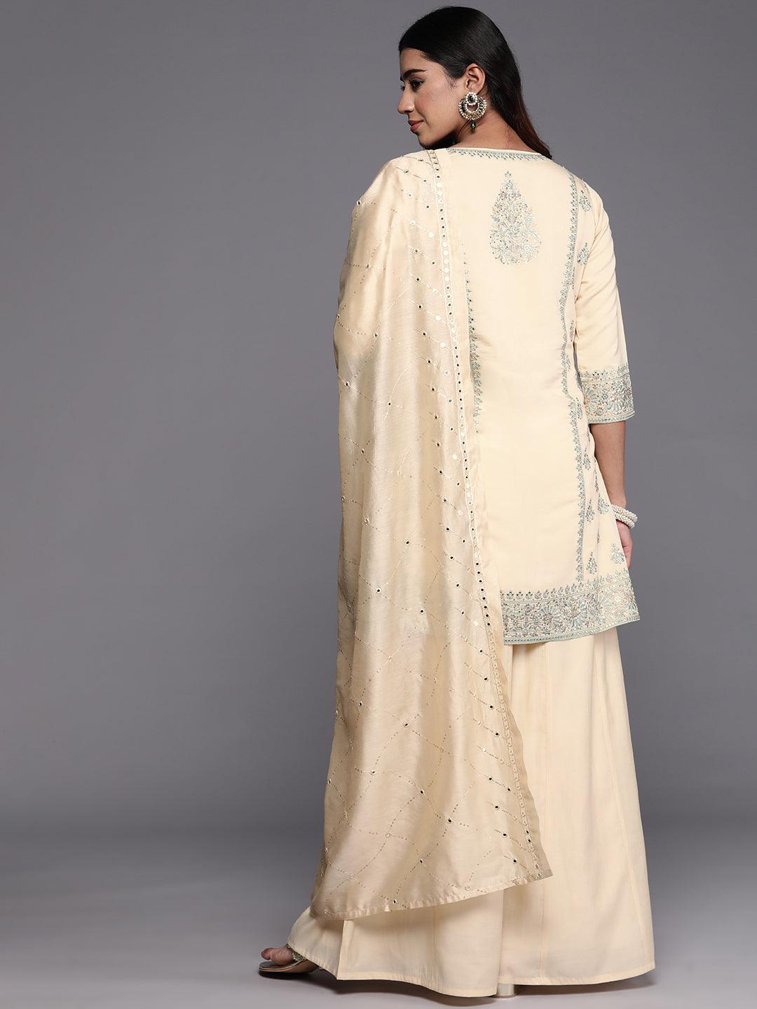 Libas Art Beige Embroidered Silk Blend Straight Kurta With Palazzos & Dupatta - Libas 