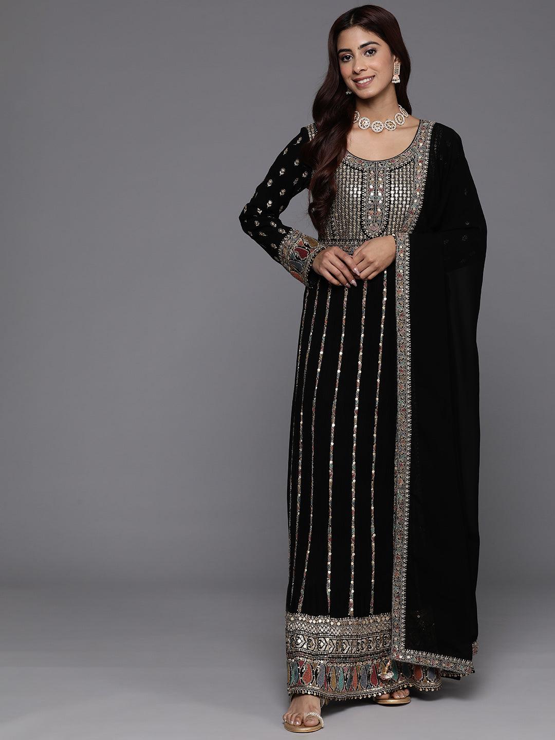 Libas Art Black Embroidered Georgette A-Line Kurta With Palazzos & Dupatta - Libas 