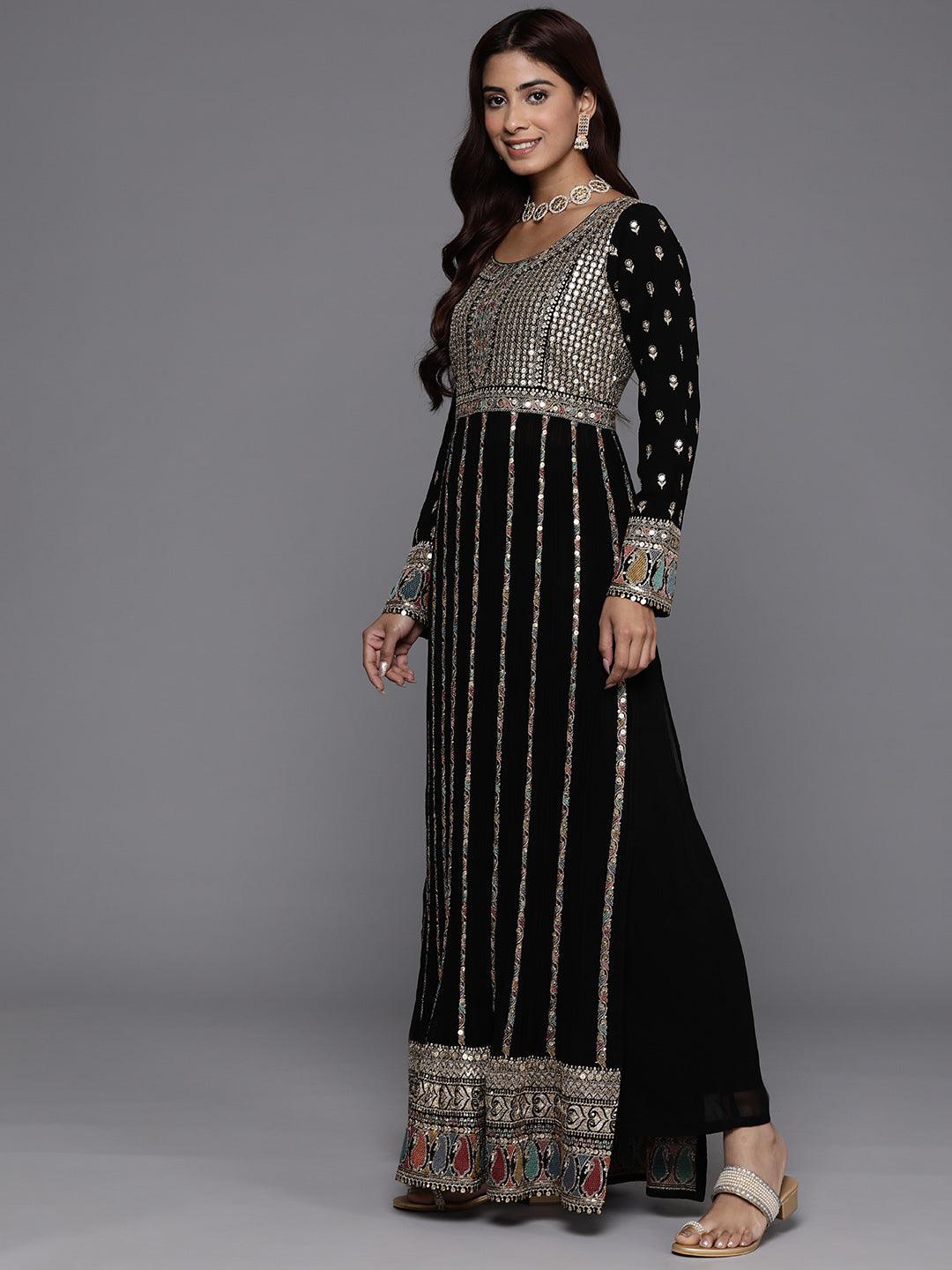 Libas Art Black Embroidered Georgette A-Line Kurta With Palazzos & Dupatta - Libas