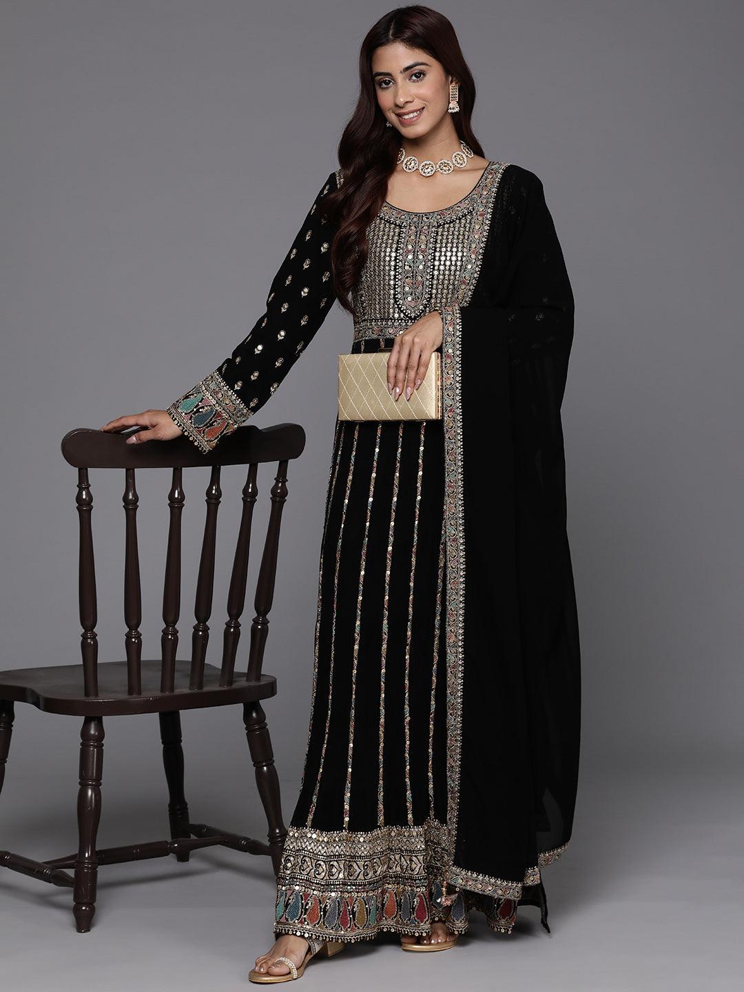 Libas Art Black Embroidered Georgette A-Line Kurta With Palazzos & Dupatta - Libas 