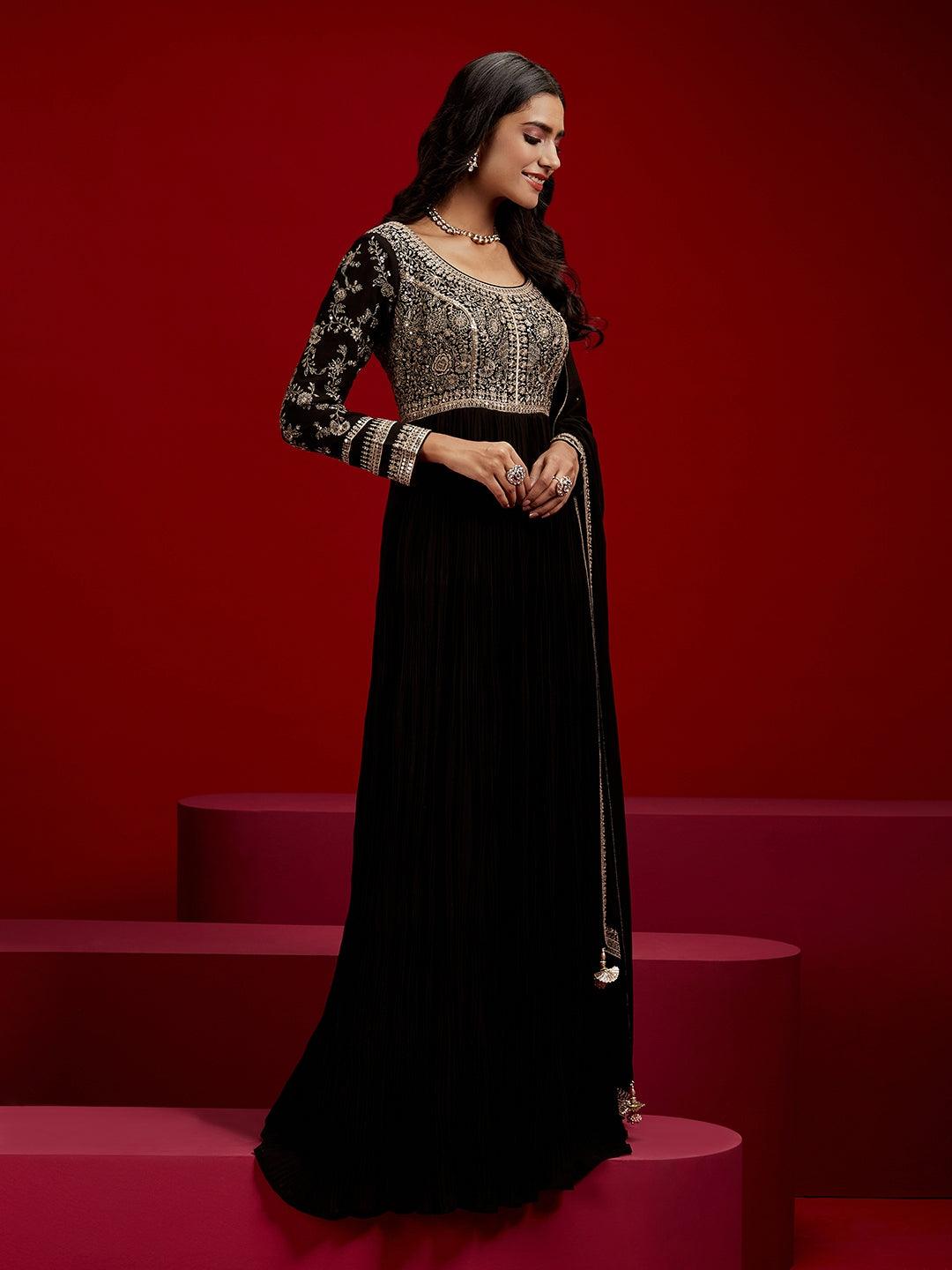 Libas Art Black Embroidered Georgette Anarkali Suit With Dupatta