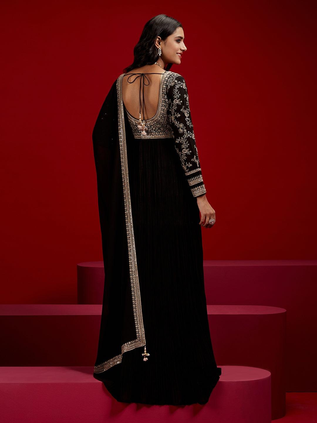 Libas Art Black Embroidered Georgette Anarkali Suit With Dupatta