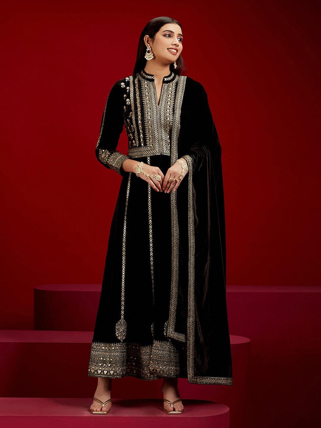 Libas Art Black Embroidered Velvet A-Line Kurta With Trousers & Dupatta - Libas