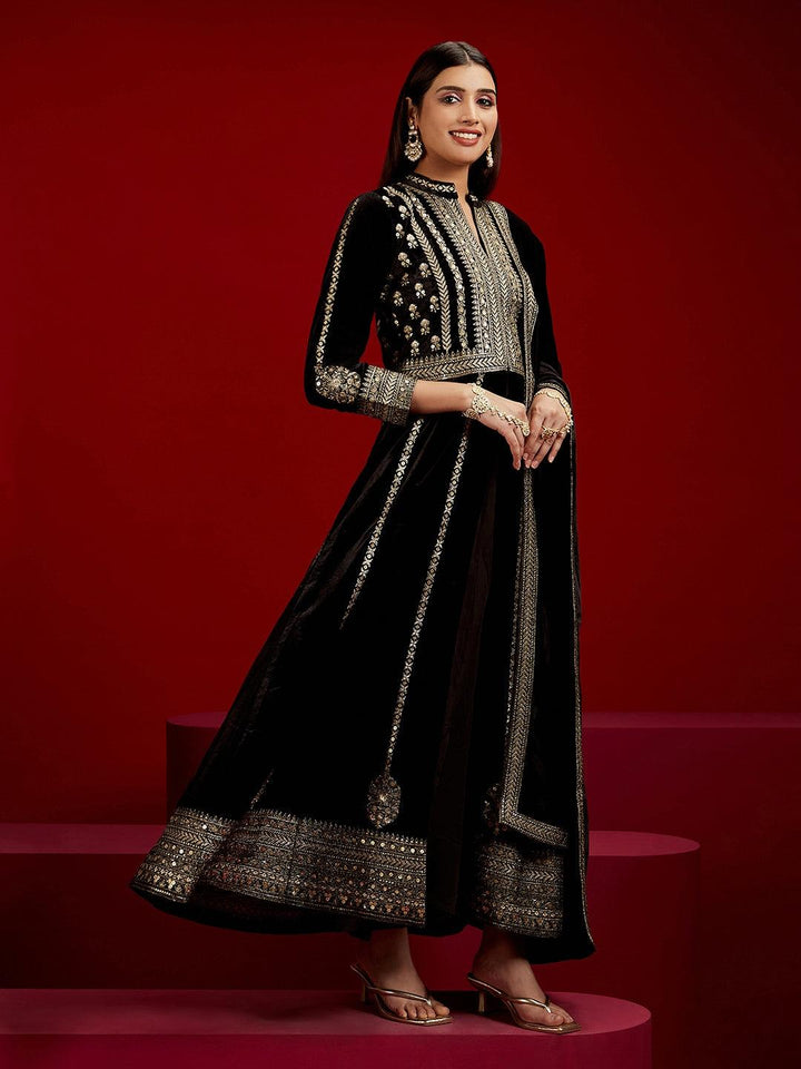 Libas Art Black Embroidered Velvet A-Line Kurta With Trousers & Dupatta - Libas