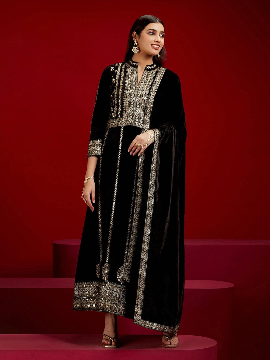 Libas Art Black Embroidered Velvet A-Line Kurta With Trousers & Dupatta - Libas