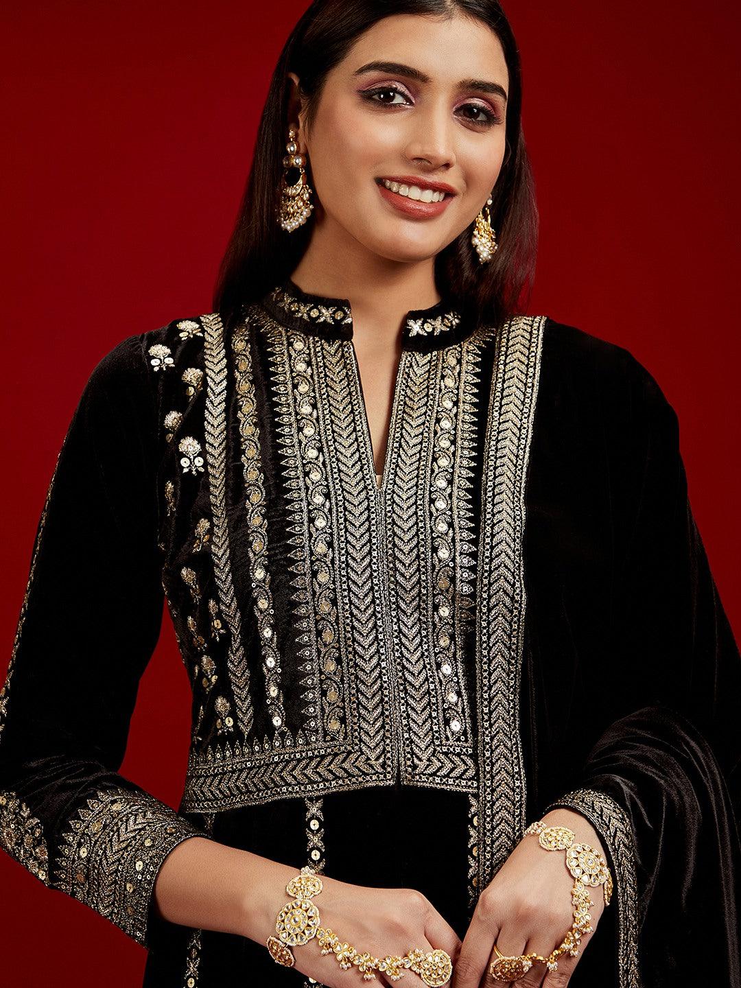 Libas Art Black Embroidered Velvet A-Line Kurta With Trousers & Dupatta - Libas