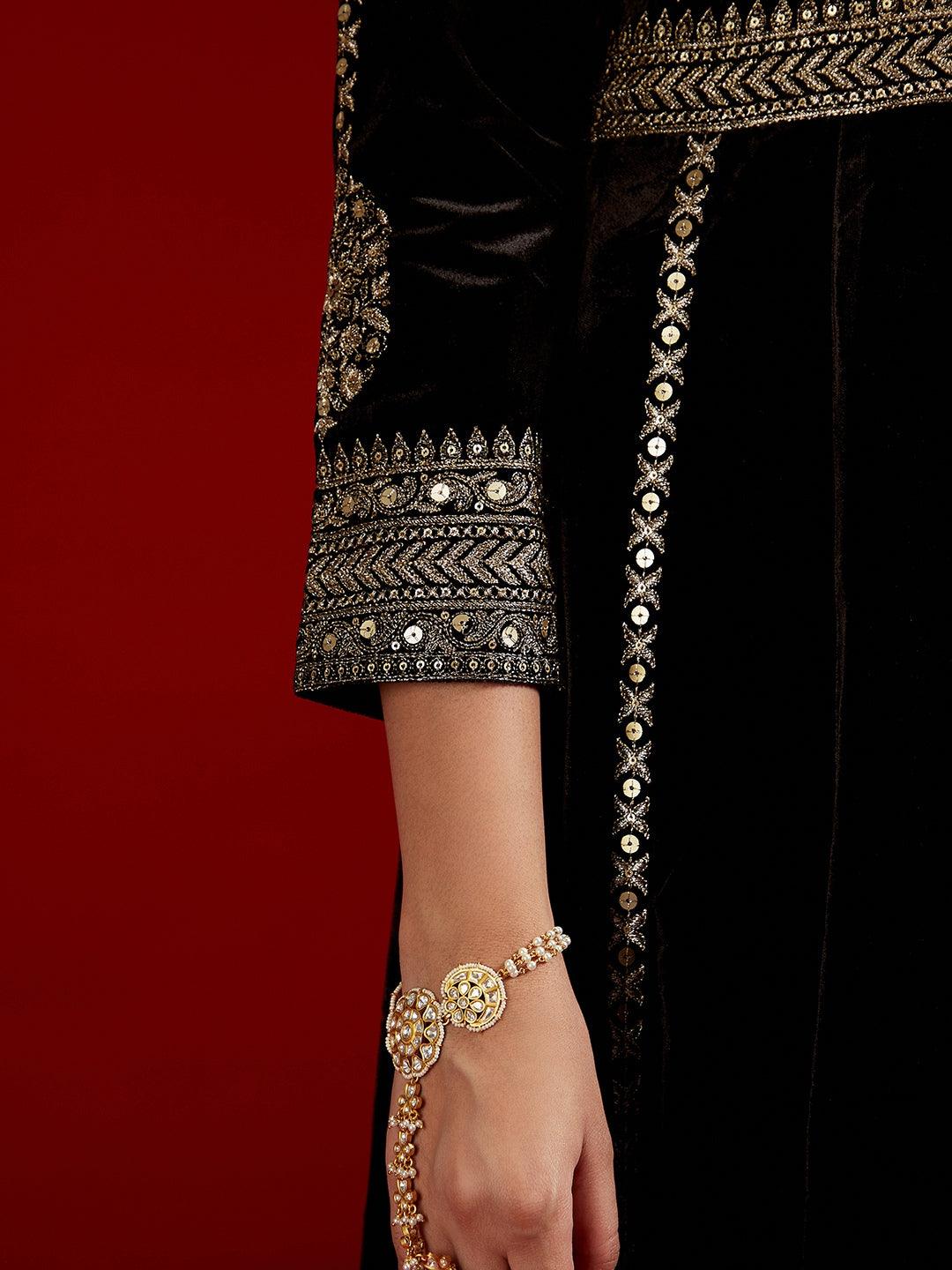 Libas Art Black Embroidered Velvet A-Line Kurta With Trousers & Dupatta - Libas