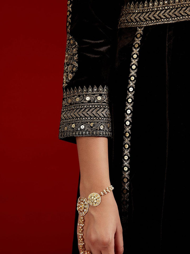 Libas Art Black Embroidered Velvet A-Line Kurta With Trousers & Dupatta - Libas