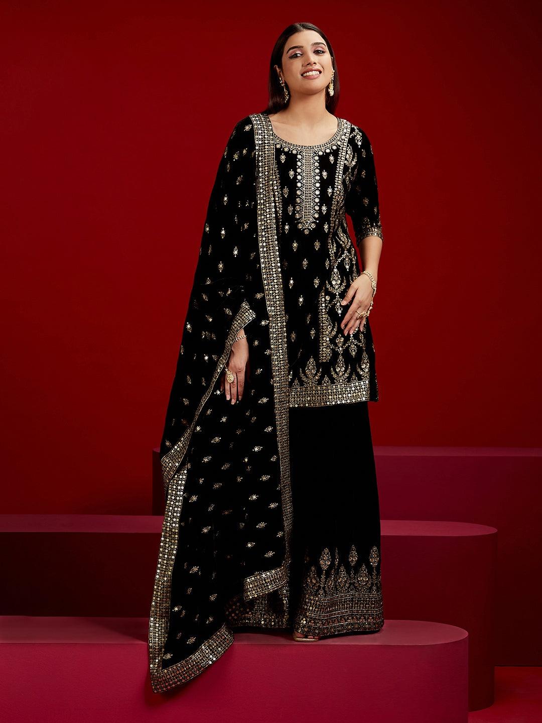 Libas Art Black Embroidered Velvet Straight Kurta With Palazzos & Dupatta - Libas 