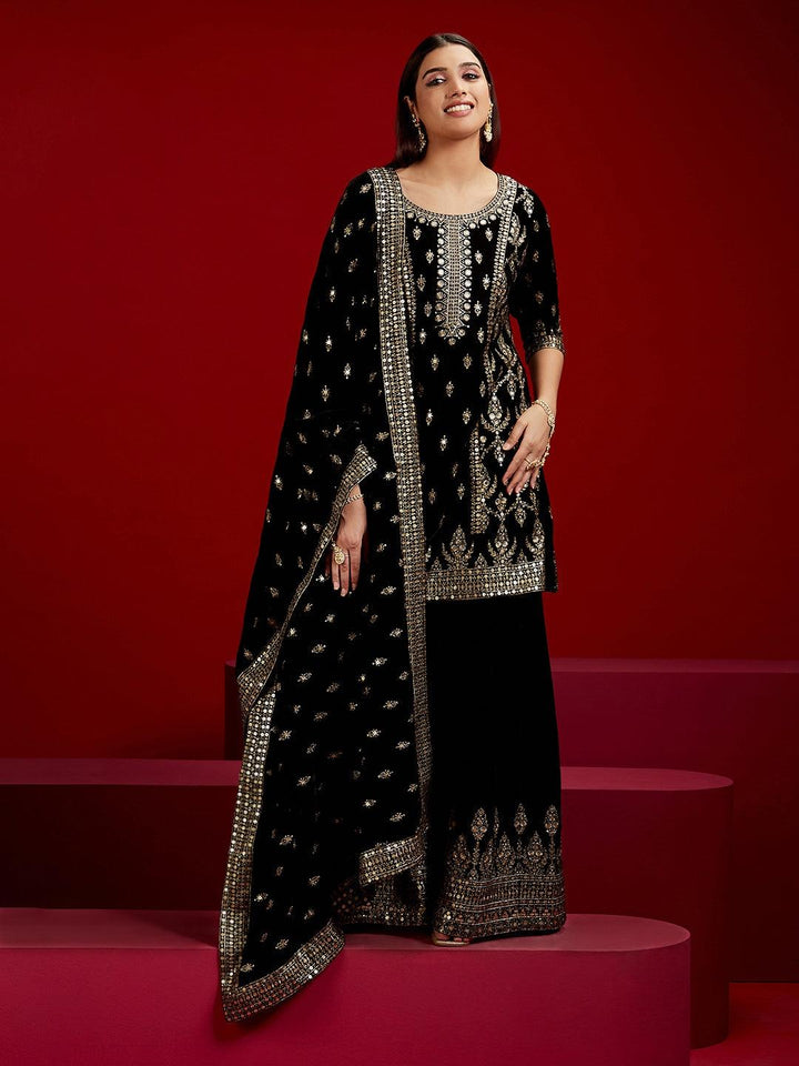 Libas Art Black Embroidered Velvet Straight Kurta With Palazzos & Dupatta - Libas